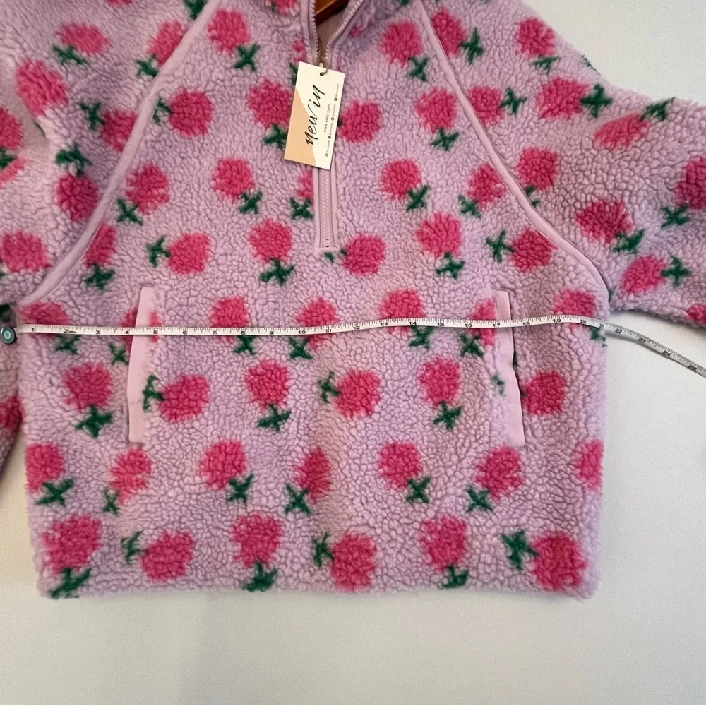 NWT New In Lilac Fleece Jacket with Pink Floral Pattern Oversized Size Small - Picture 9 of 12